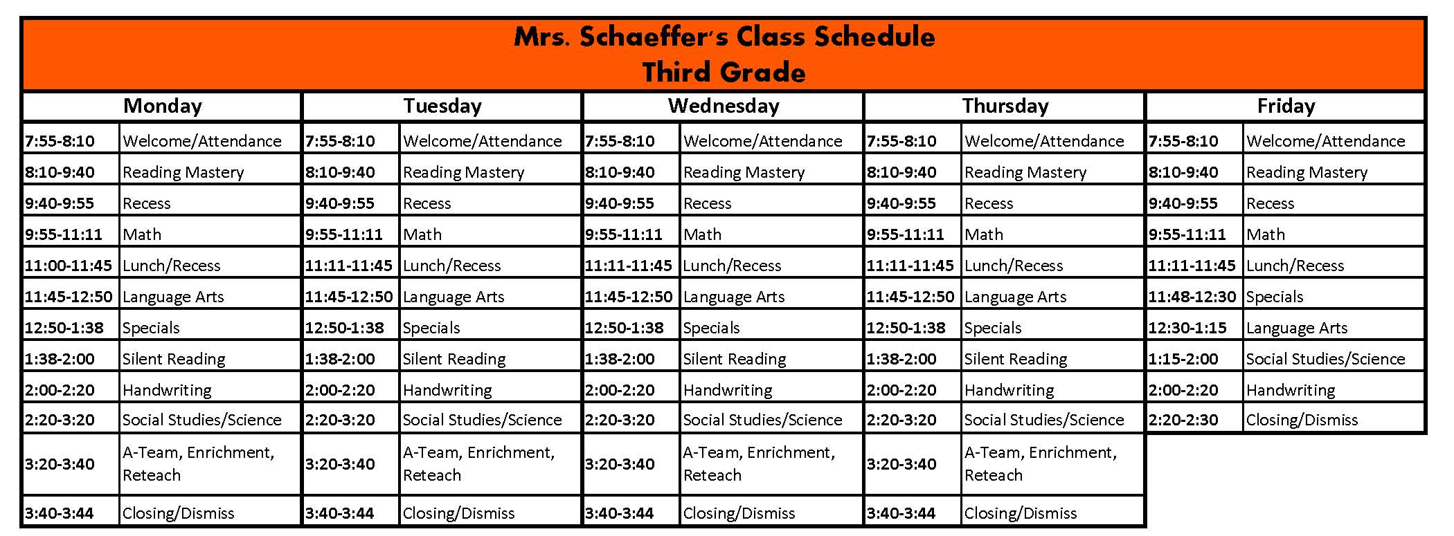 class room schedule